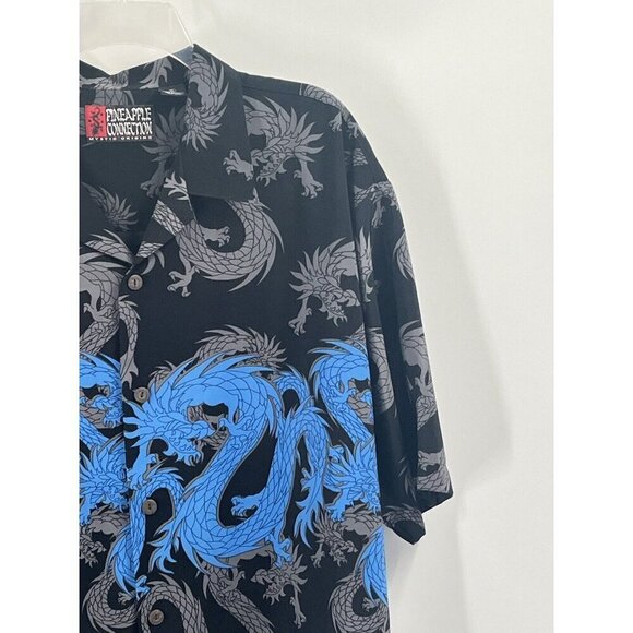 Pineapple Collection Mens Hawaiian Shirt Chinese Dragon Print Blue Black Sz XL - Picture 2 of 4